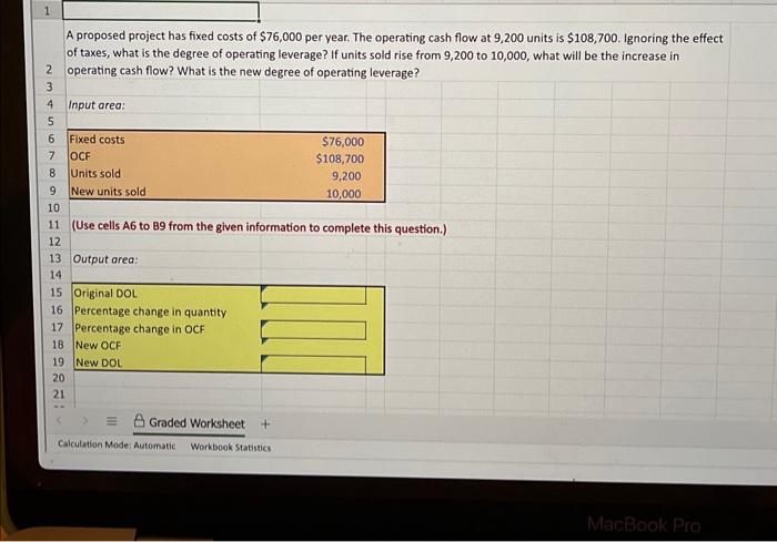 Please solve using only given excel cell references. A proposed project has