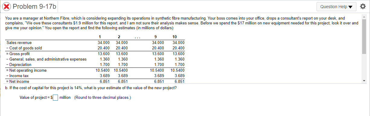  Problem 9-17b Question Help You are a manager at Northern Fibre,