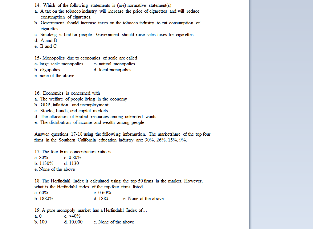 competitive market? a ethernet cords c fast food 13- autos d- oil