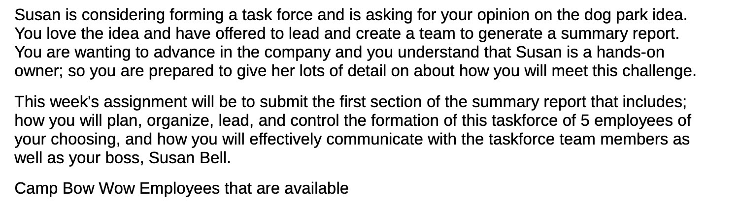 Susan is considering forming a task force and is asking for