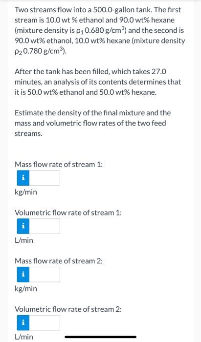  Two streams flow into a 500.0-gallon tank. The first stream is