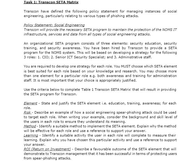 Task 1: Transcon SETA Matrix Transcon have defined the following policy