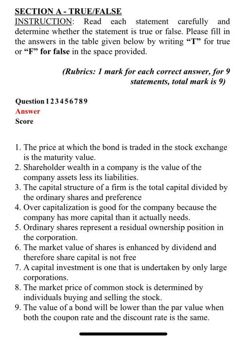  SECTION A - TRUE/FALSE INSTRUCTION: Read each statement carefully and determine