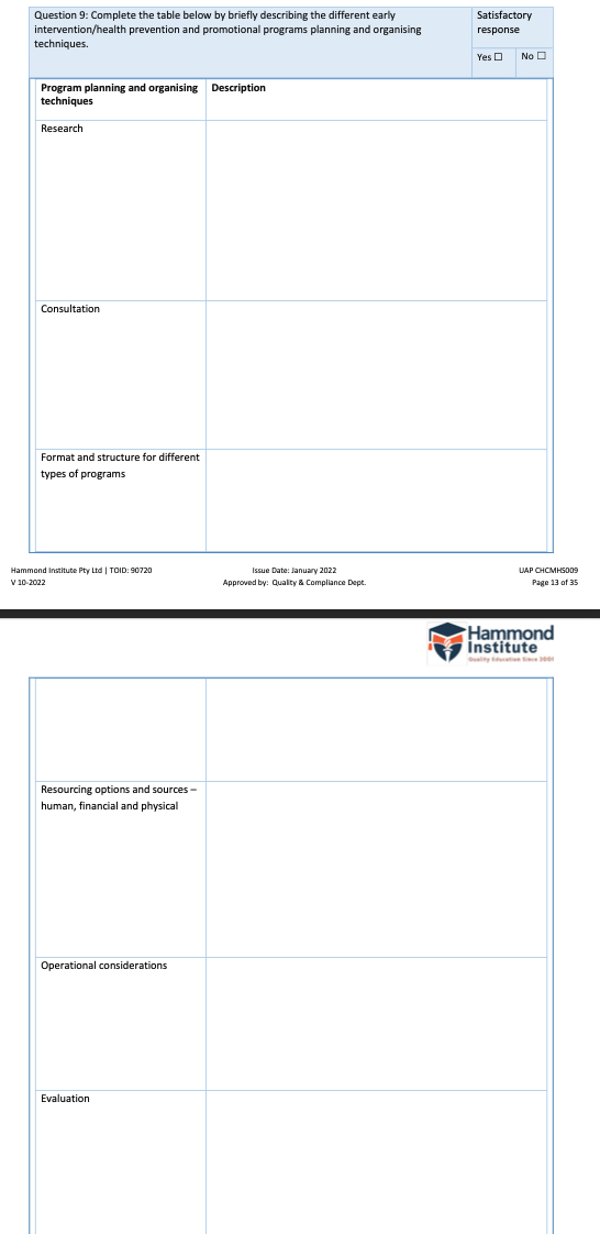 Question 9: Complete the table below by briefly describing the different