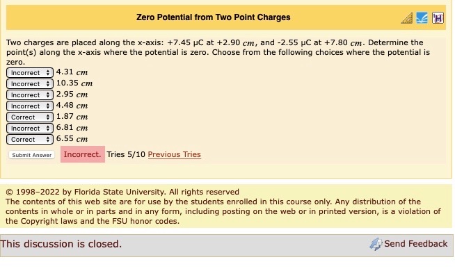  Zero Potential from Two Point Charges Two charges are placed along