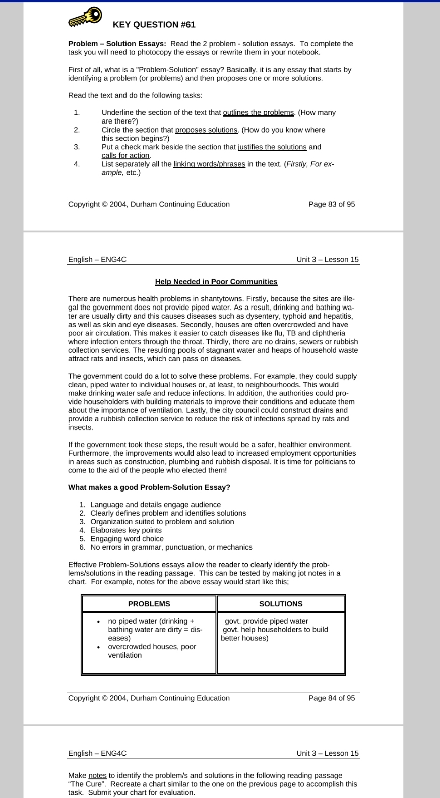 please answer this question quickly KEY QUESTION #61 Problem - Solution Essays: