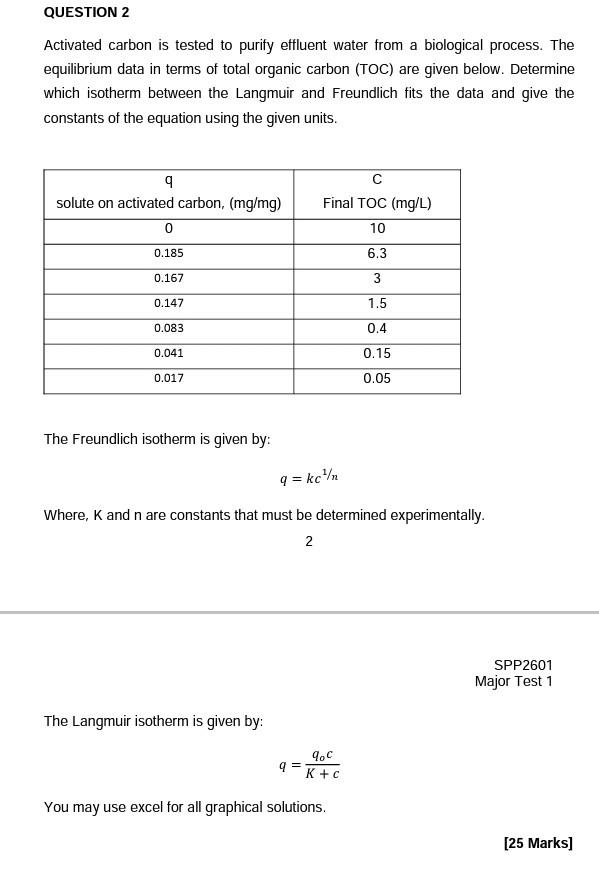  please answer QUESTION 2 Activated carbon is tested to purify effluent