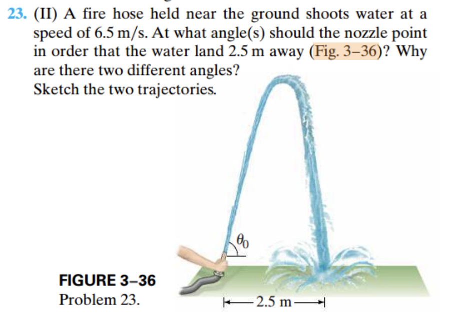  23. (II) A fire hose held near the ground shoots water