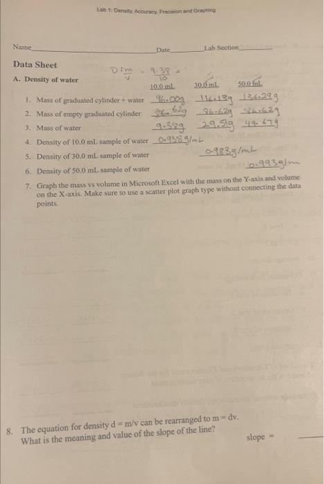 i need number 7and 8 please!!!! Name Date Lab Scction Data Sheet