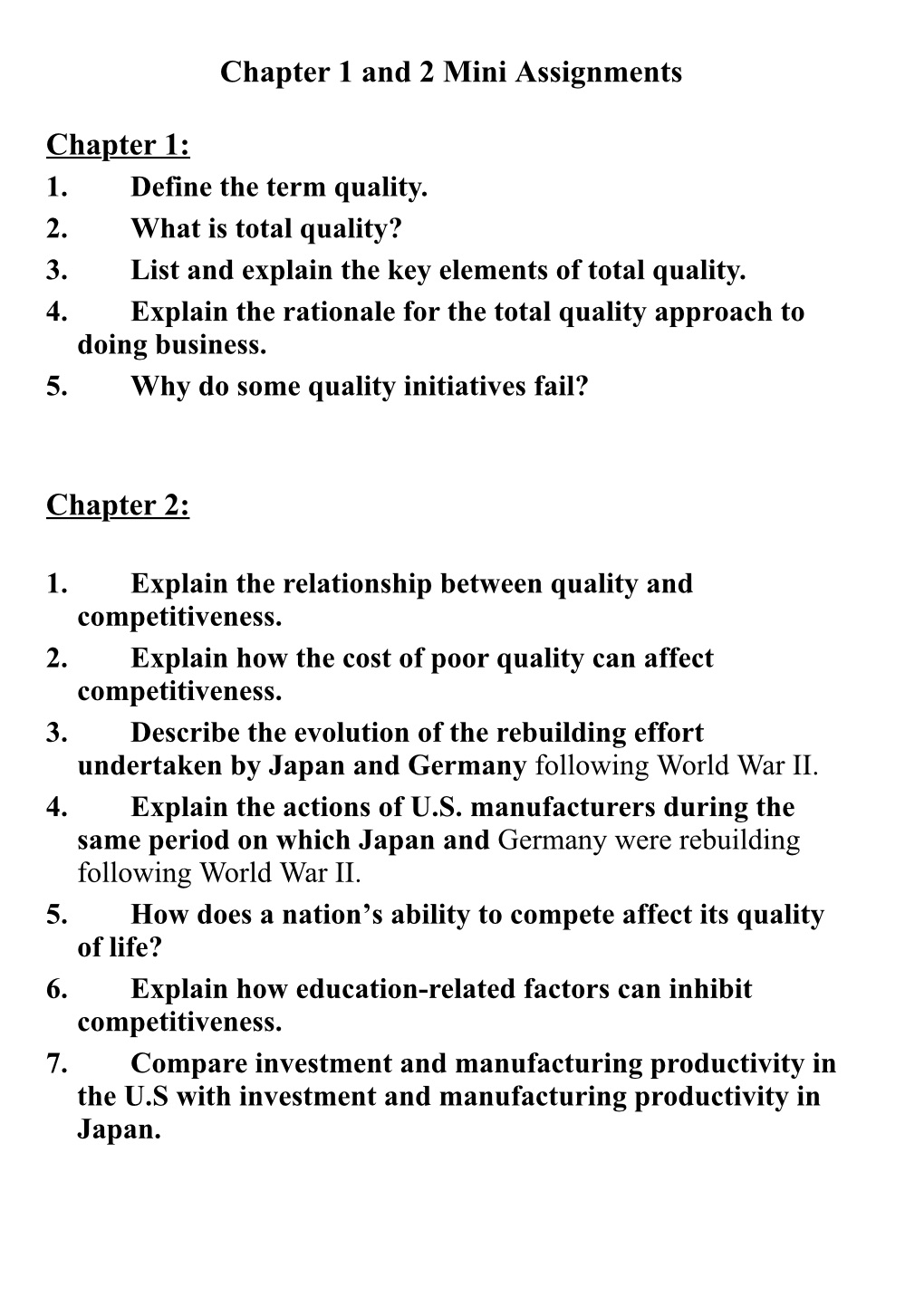 Chapter 1 and 2 Mini Assignments 1 2 3. List and
