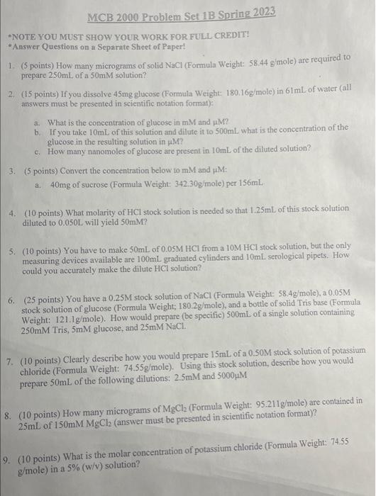  MCB 2000 Problem Set 1B Spring 2023 ANOTE YOU MUST SHOW