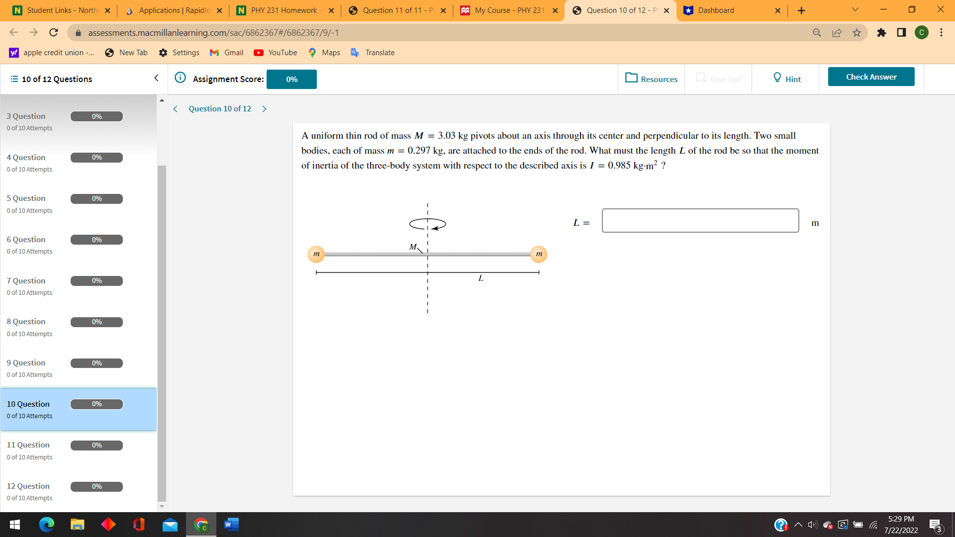 PHY 231 Homework - X Question 11 of 11 - PI x