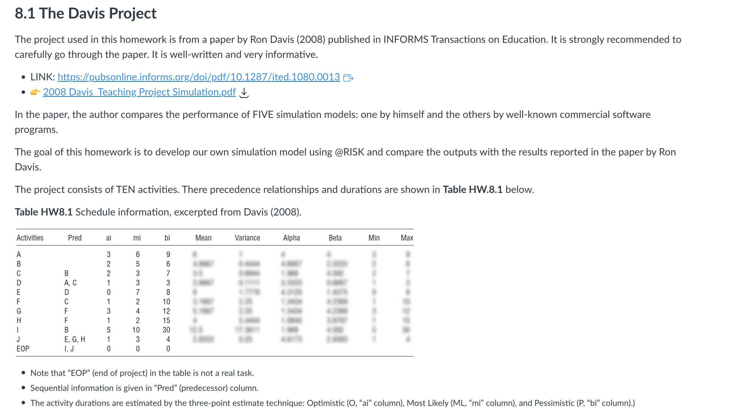 in the schedule network and compute their Most Likely durations: Path 1: