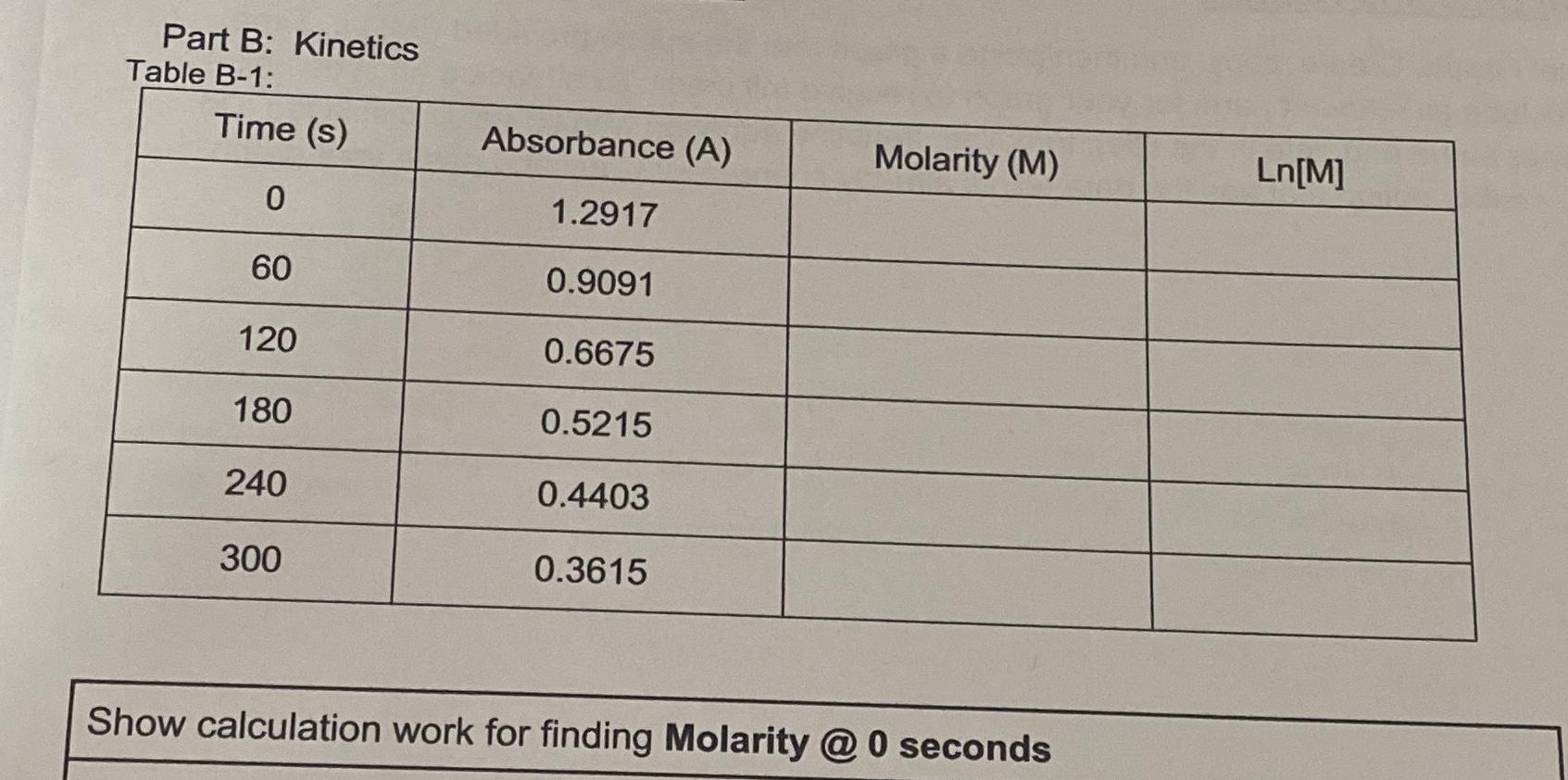  Part B: Kinetics Table B-1: \table[[Time (s),Absorbance (A),Molarity (M),Ln[M]],[0,1.2917,,],[60,0.9091,,],[120,0.6675,,],[180,0.5215,,],[240,0.4403,,],[300,0.3615,,]] Show calculation