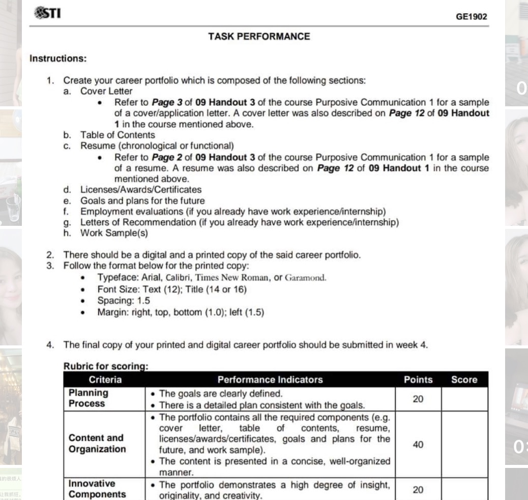 Please make a career portfolio STI GE1902 TASK PERFORMANCE Instructions: 1. Create