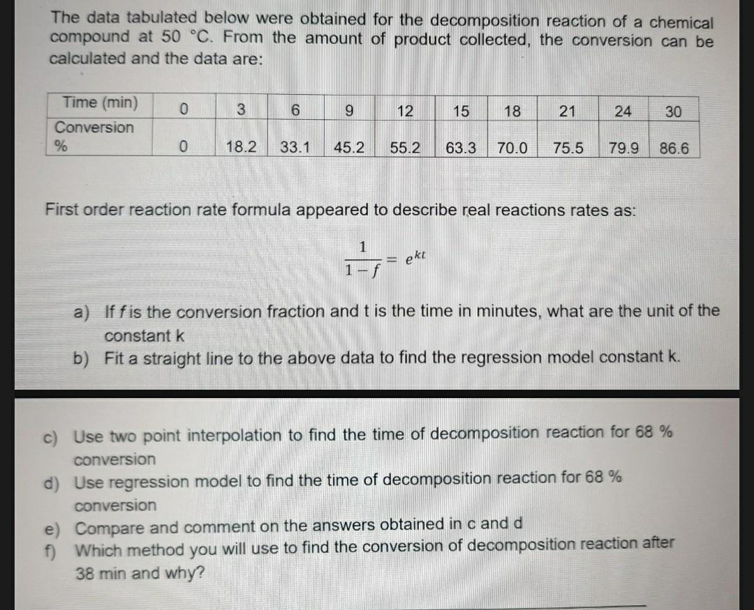 kindly answer e and f The data tabulated below were obtained