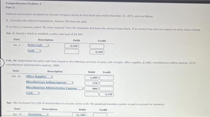 Please help! Comprehensive Problem 3 Part 1: Selected transactions completed by Kornett