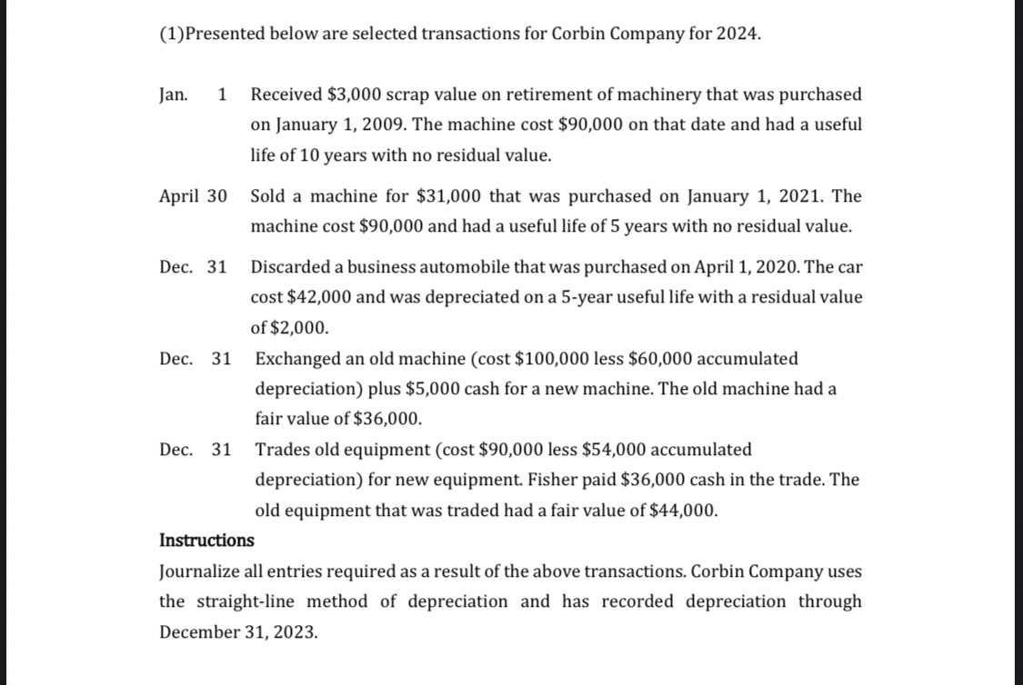  (1)Presented below are selected transactions for Corbin Company for 2024. Jan.