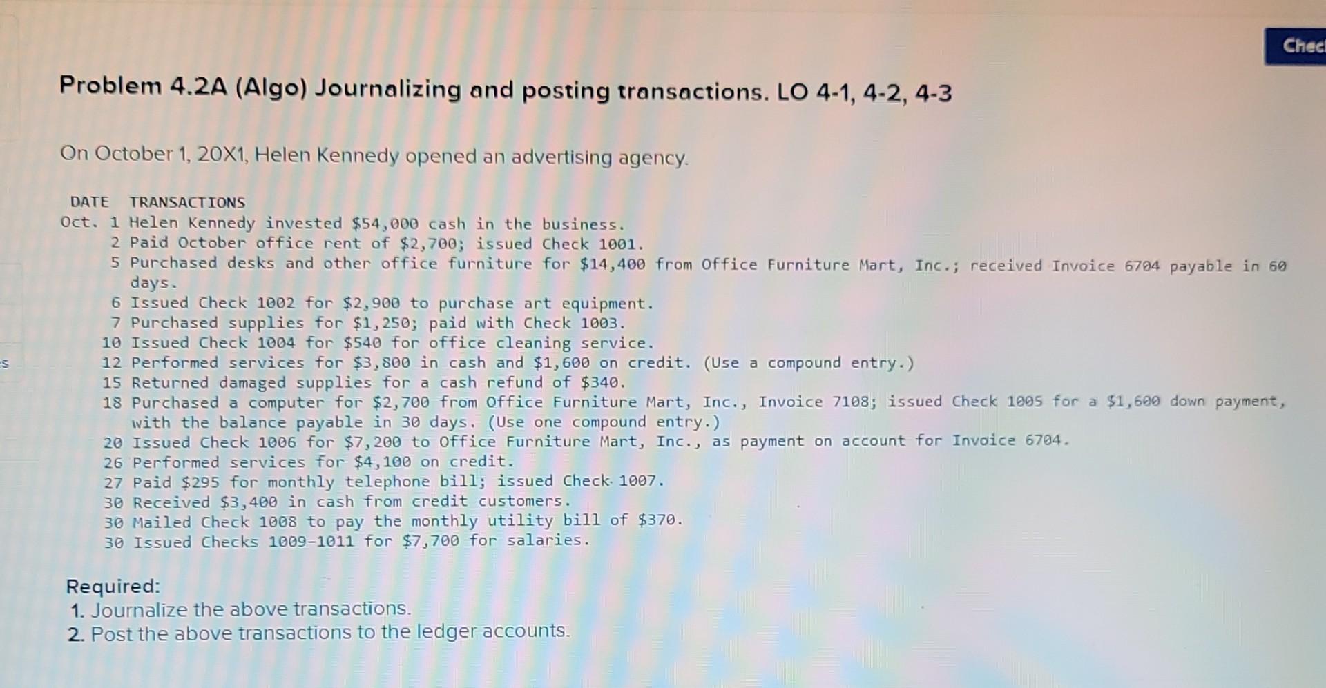 please please please help me asap!!! Problem 4.2A (Algo) Journalizing and