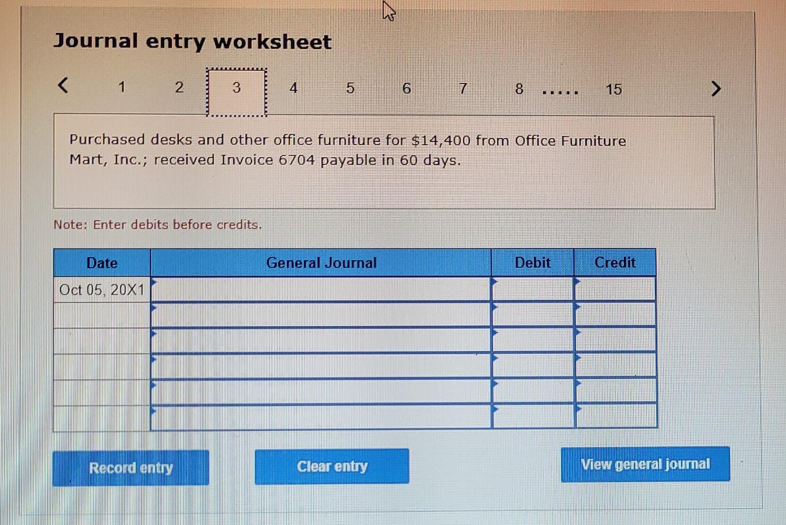Check 1001 . 5 Purchased desks and other office furniture for $14,400