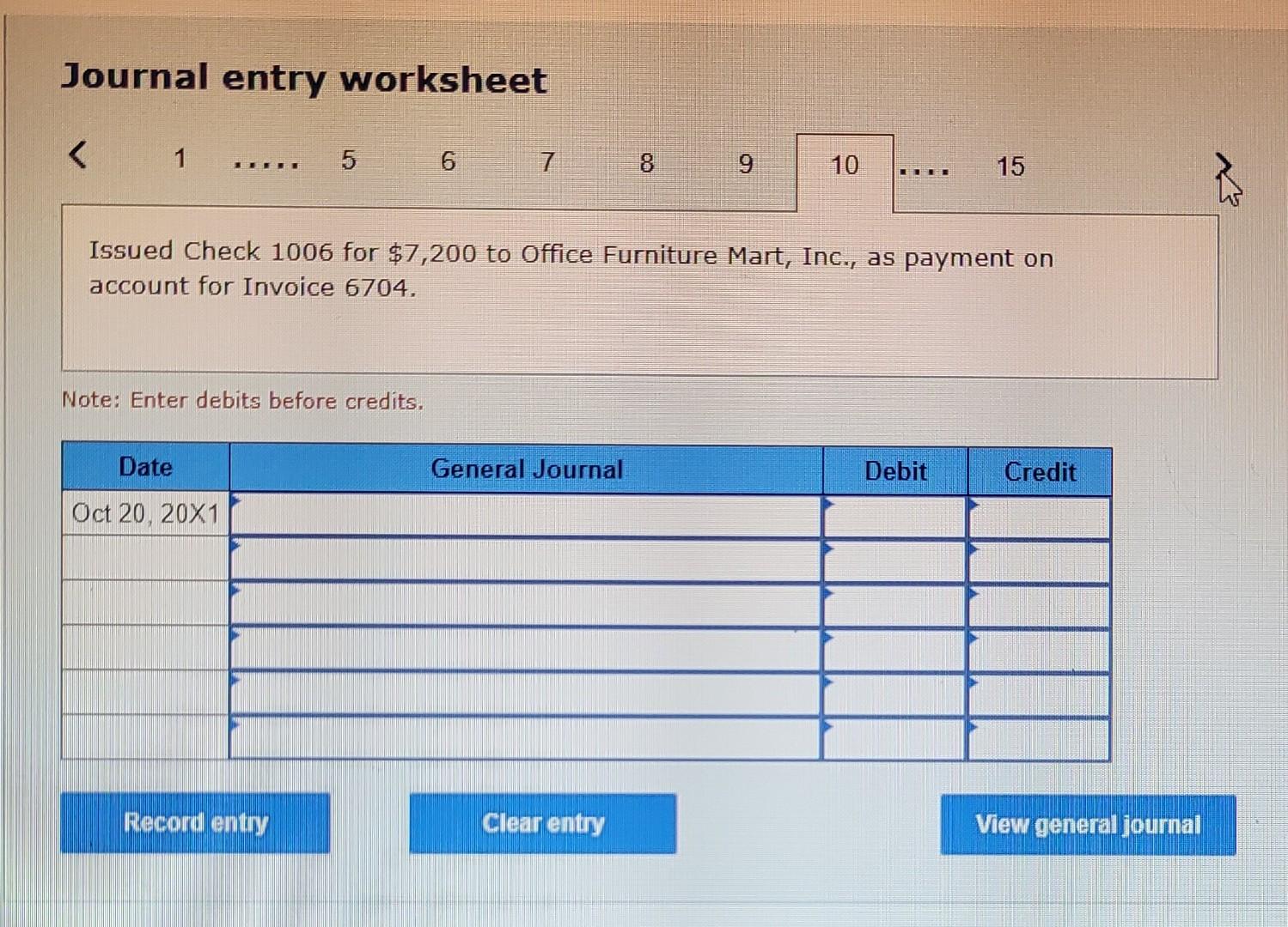 from Office Furniture Mart, Inc., Invoice 7108; issued Check 1005 for a