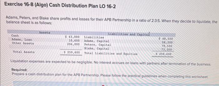  Please help me with this Exercise 16-8 (Algo) Cash Distribution Plan
