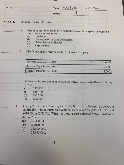  Score LOCASCIO Name_ MADELYN Section PART I. Multiple Choice (50 points).