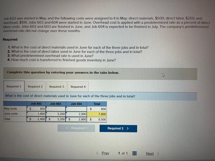 pls help Job 602 was started in May, and the following costs