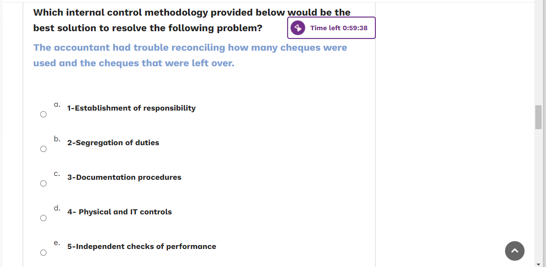Which internal control methodology provided below would be the best solution