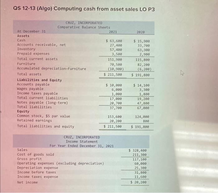  PLS HELP DUE IN 15!!! QS 1213 (Algo) Computing cash from