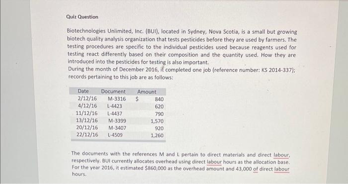 please help me to do this question. Quiz Question Biotechnologies Unlimited,
