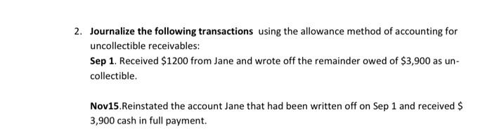 Please solve this question 2. Journalize the following transactions using the allowance