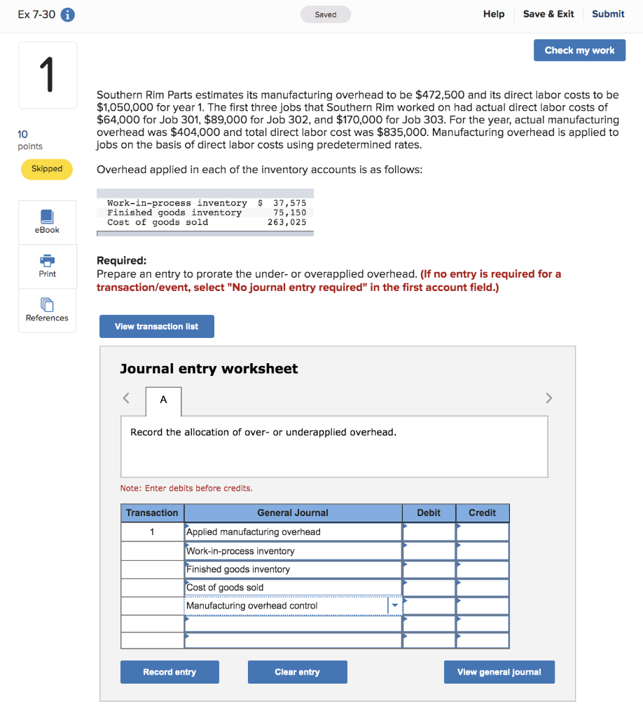 Ex 7-30 Saved Help Save & Exit Submit Check my work