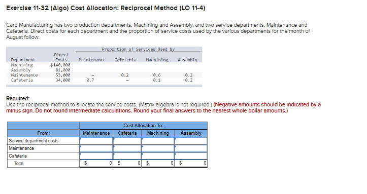 Method (LO 11-2) University Printers has two service departments (Maintenance and Personnel