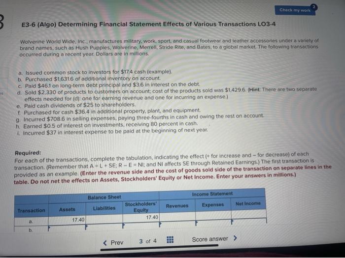  Check my work 3. E3-6 (Algo) Determining Financial Statement Effects of