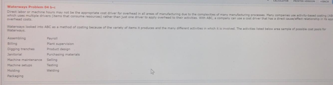  CALCULATOR PRINTER VERSION Waterways Problem 04 b-C Direct labor or machine