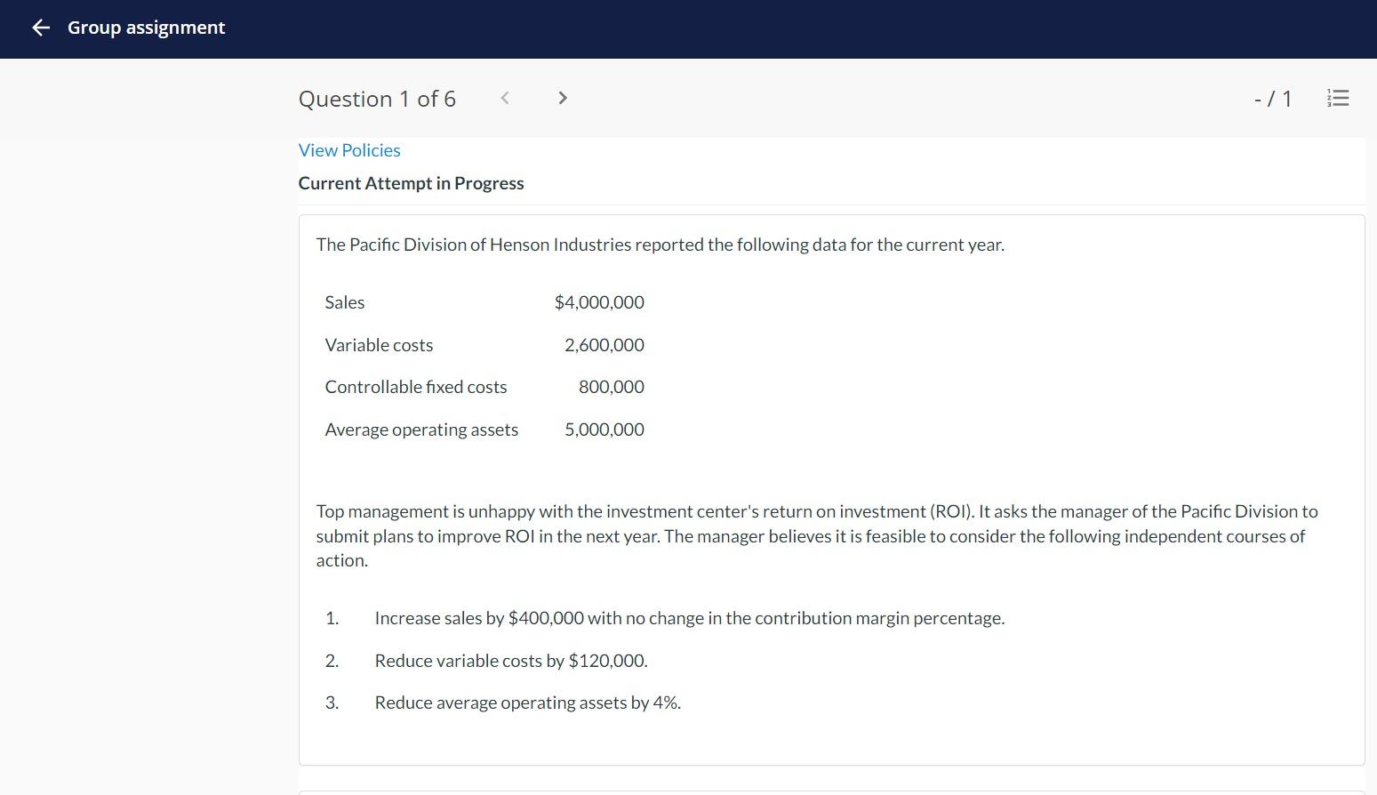  + Group assignment Question 1 of 6 - / 1 III