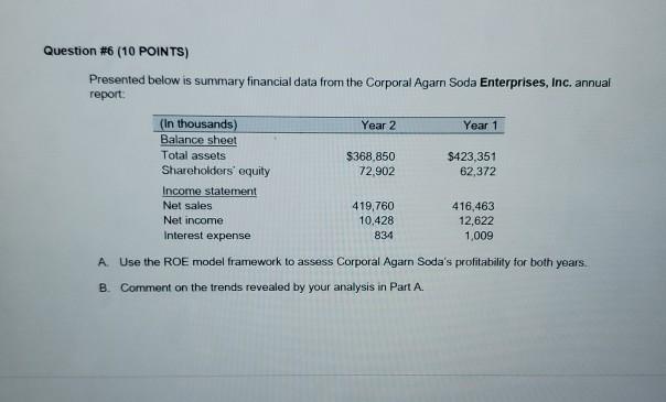 Question #6 (10 POINTS) Presented below is summary financial data from