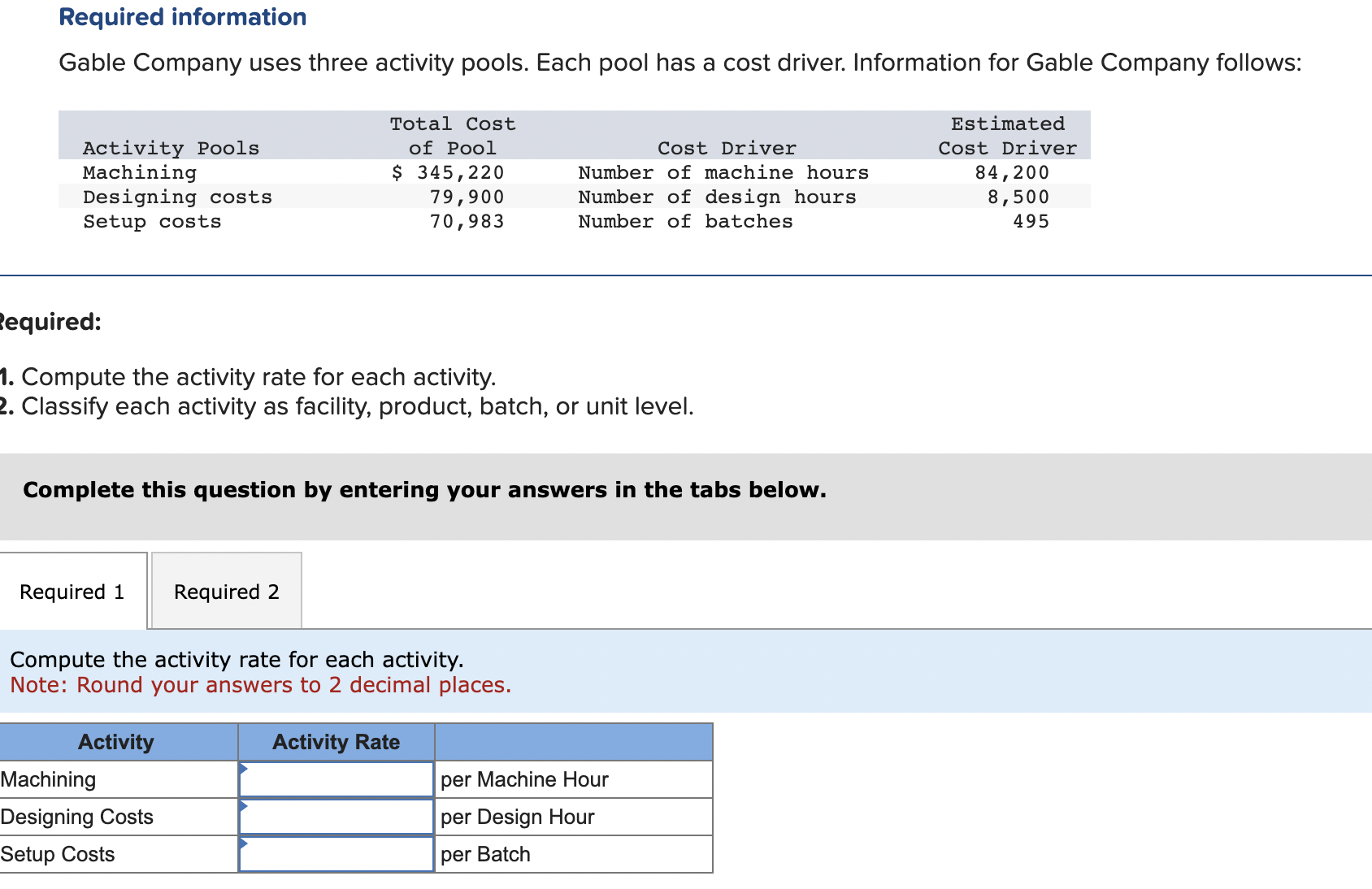  Required information Gable Company uses three activity pools. Each pool has