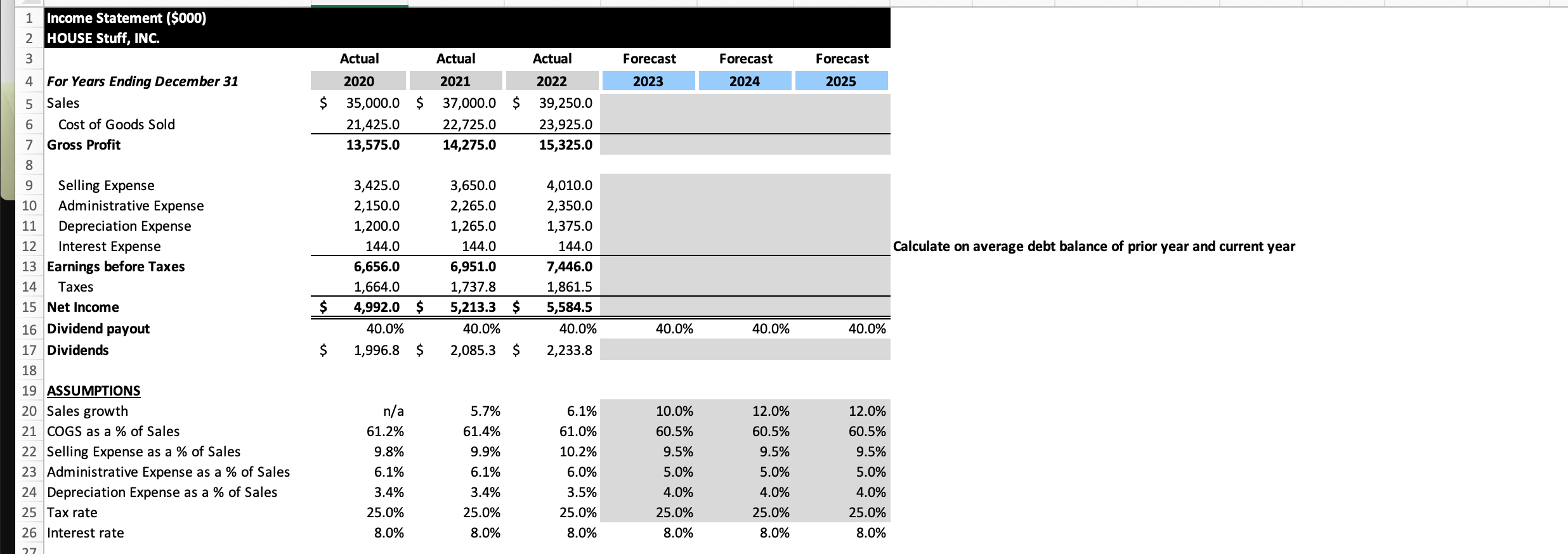 (IS and BS), WACC and Valuation in the highlighted cells in the