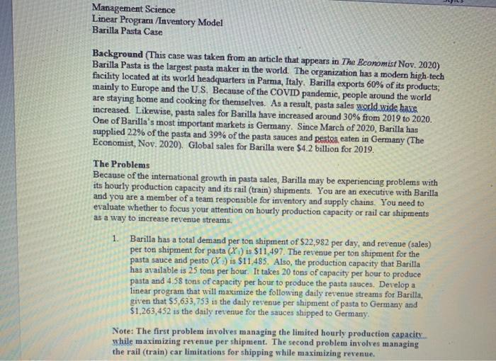  Management Science Linear Program /laventory Model Barilla Pasta Case Background (This