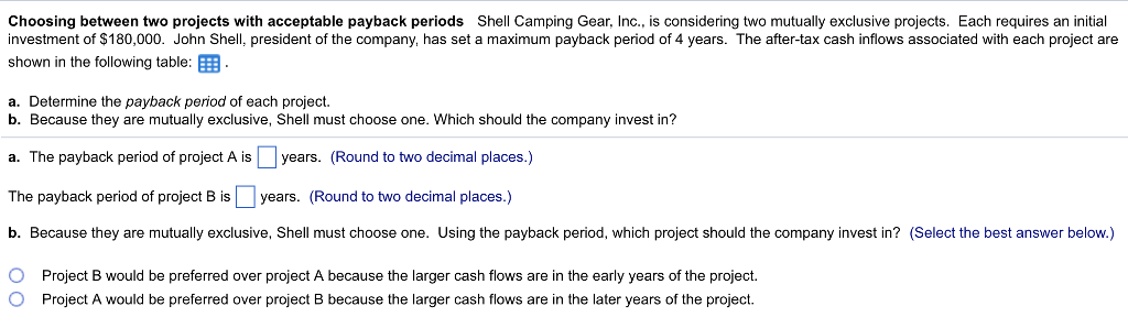 Choosing between two projects with acceptable payback periods Shell Camping Gear,