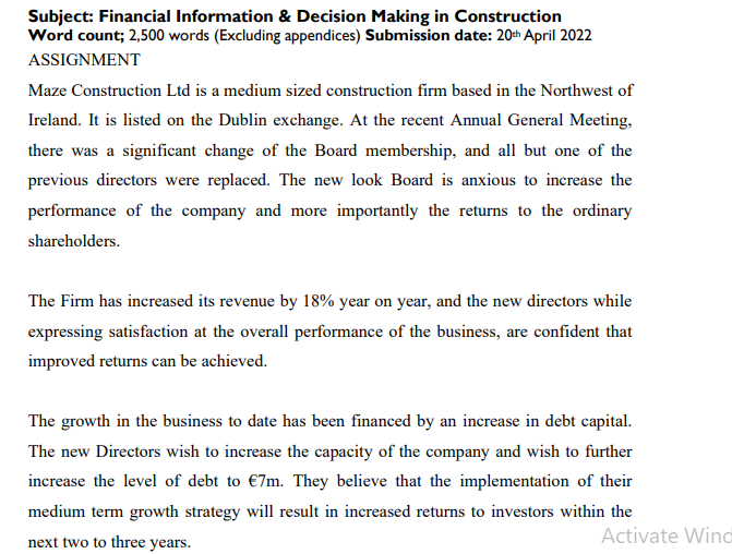  Subject: Financial Information & Decision Making in Construction Word count; 2,500