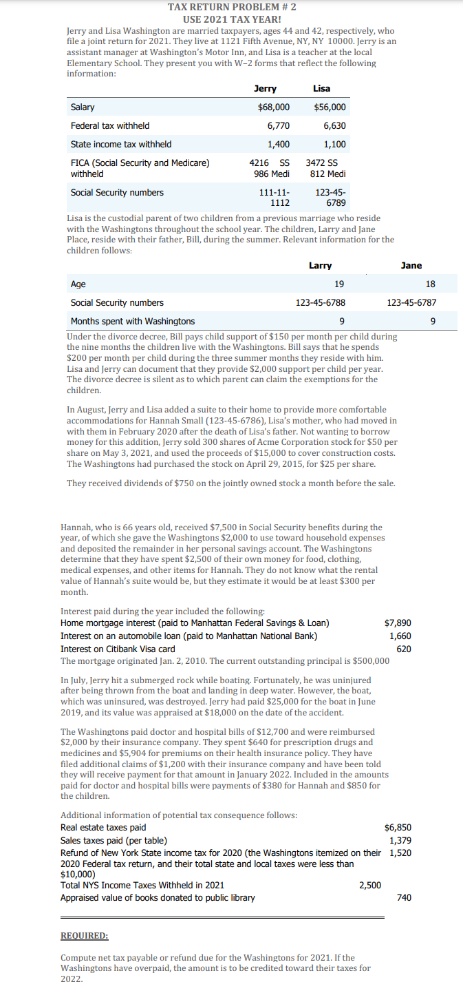 REQUIRED FORMS TO PREPARE AND SUBMIT: FORM 1040, SCHEDULES 1, A, &