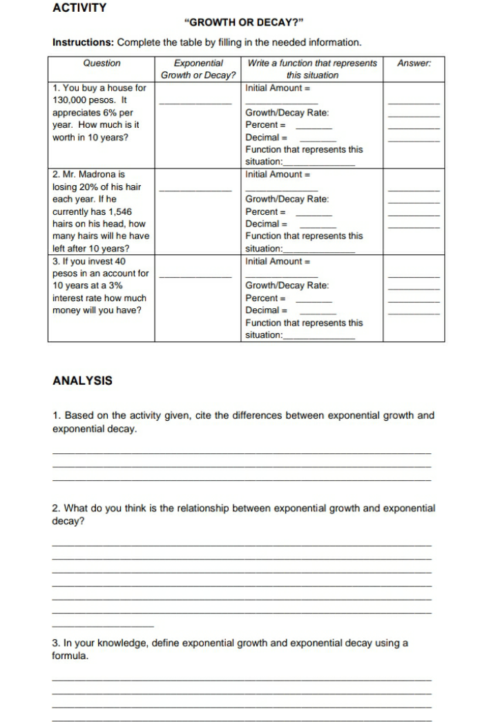 Please answer all the questions from the Activity and Analysis part.