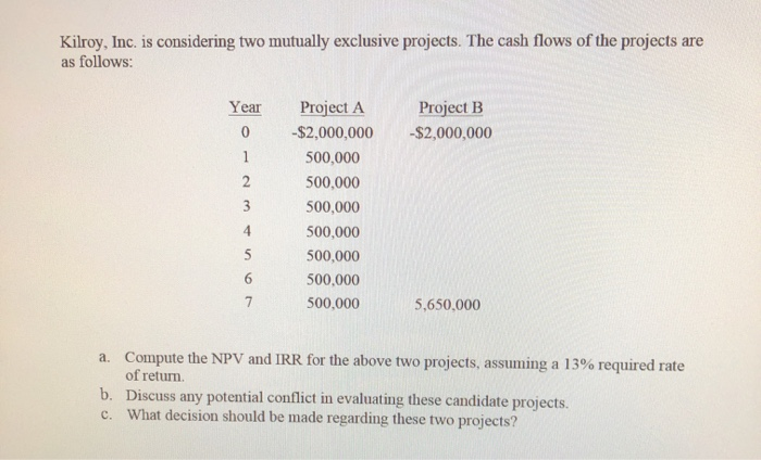  Kilroy, Inc. is considering two mutually exclusive projects. The cash flows