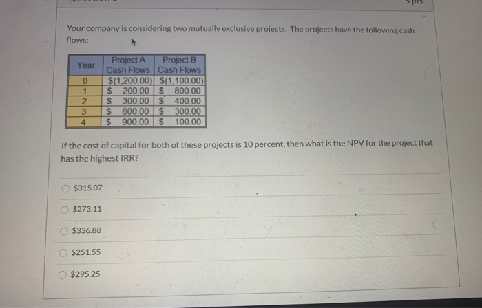  5 pts Your company is considering two mutually exclusive projects. The
