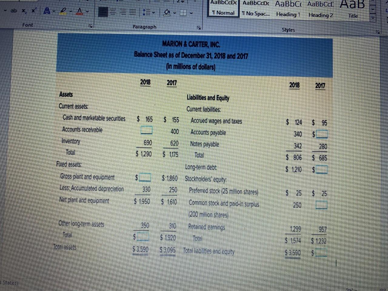 Using the information provided in the incomplete financial statements, fill in the