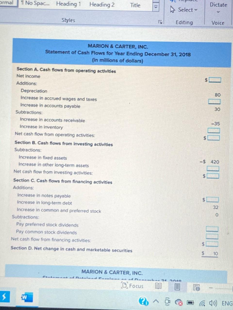 blanks need answers for balance sheet and statement of cash flows bCCDI