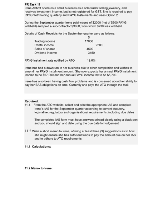 complete business activity & instalment activity statements $ PR Task 11 Irene